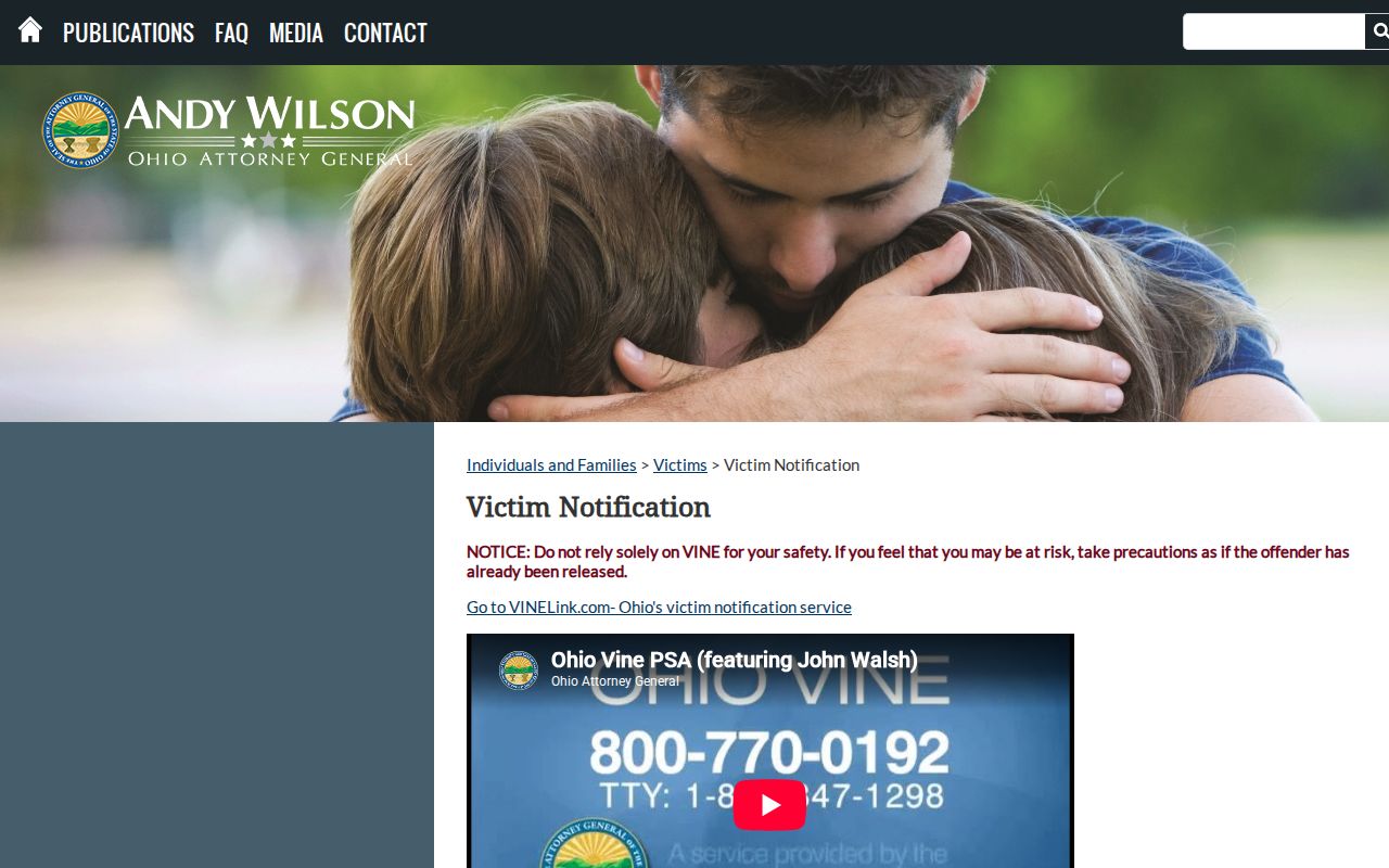 Ashtabula County VINELink release notification Ohio guidance