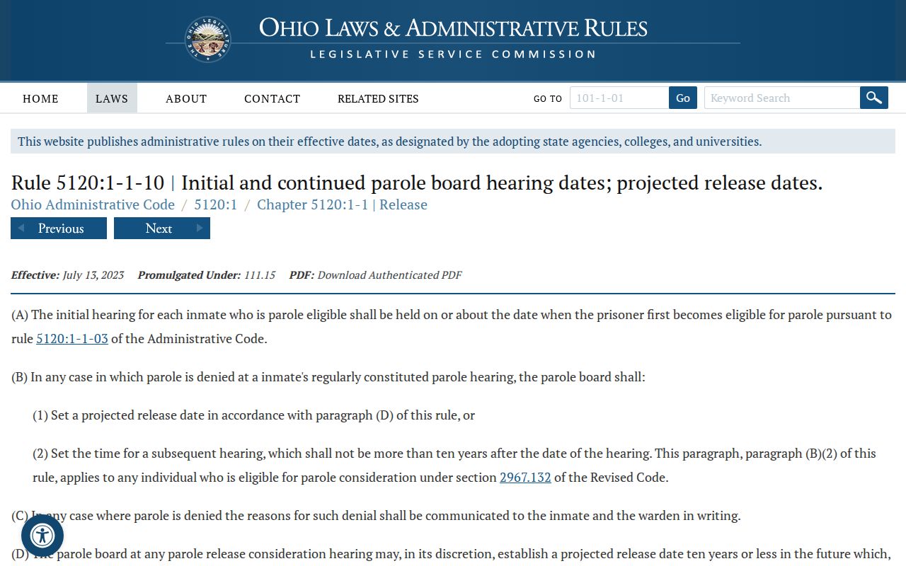 Ohio parole rule for an Ashtabula County projected release date